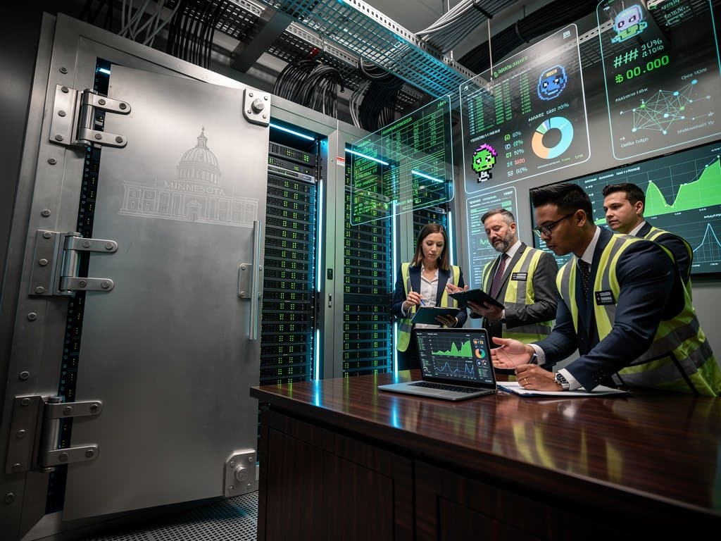 Minnesota bank vault securing crypto custody servers with NFT blockchain data and compliance reviews
