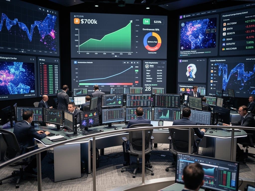 Traders monitor BTC market dominance, $74,728 price charts, and Fear & Greed Index at 23 on multi-screen trading desks