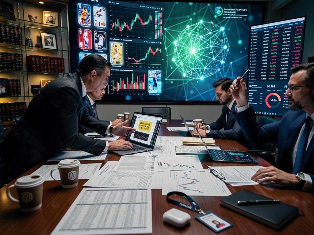 Securities firm conference room with FLOW class action documents, crypto charts, NFT metrics, Fear & Greed at 23 against city skyline