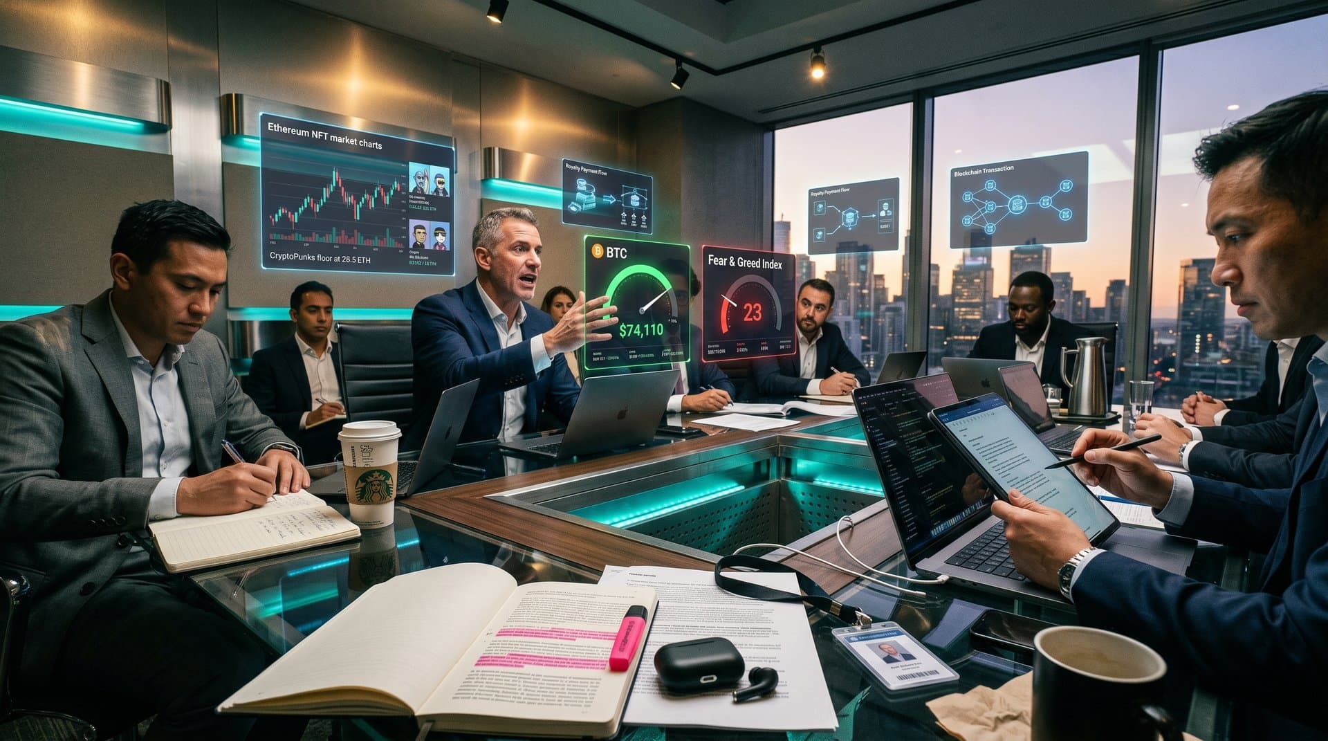 Holographic NFT price charts, Bitcoin $74K gauge, and crypto tax visuals in Web3 boardroom