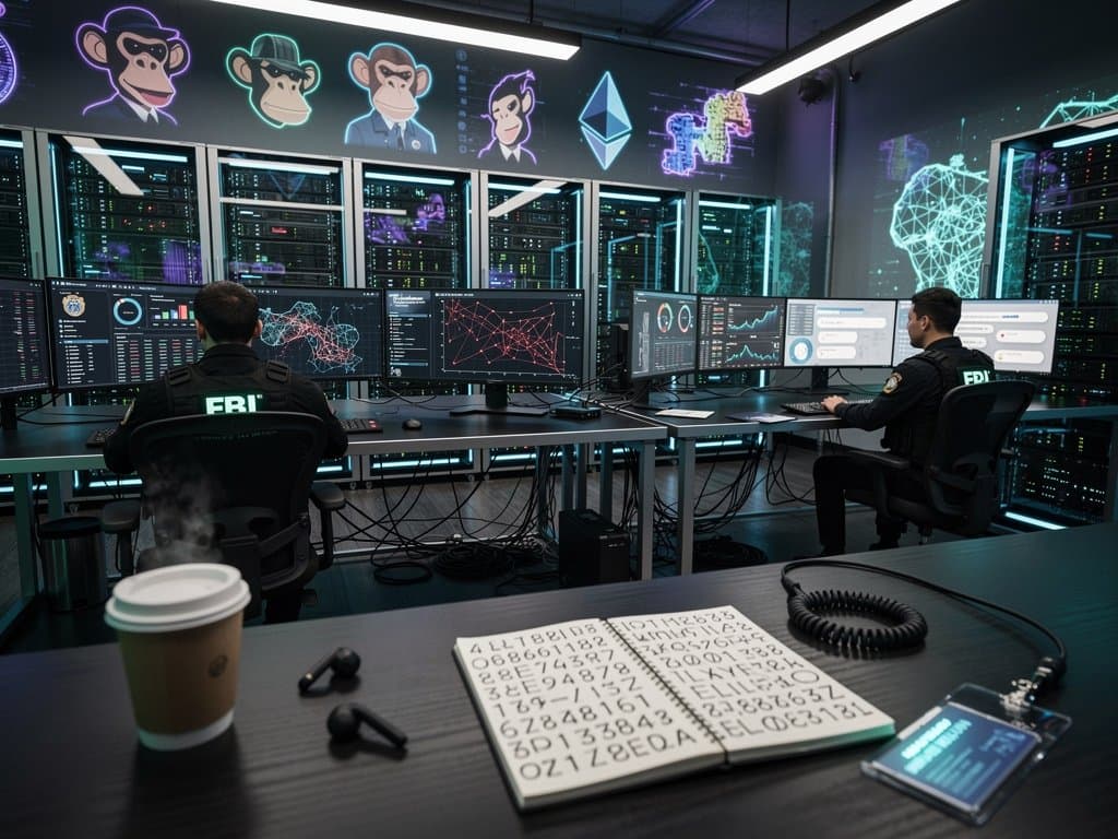FBI cyber analysts at multi-monitor desks in high-tech operations center review blockchain scam data on curved screens amid server racks and forensic displays