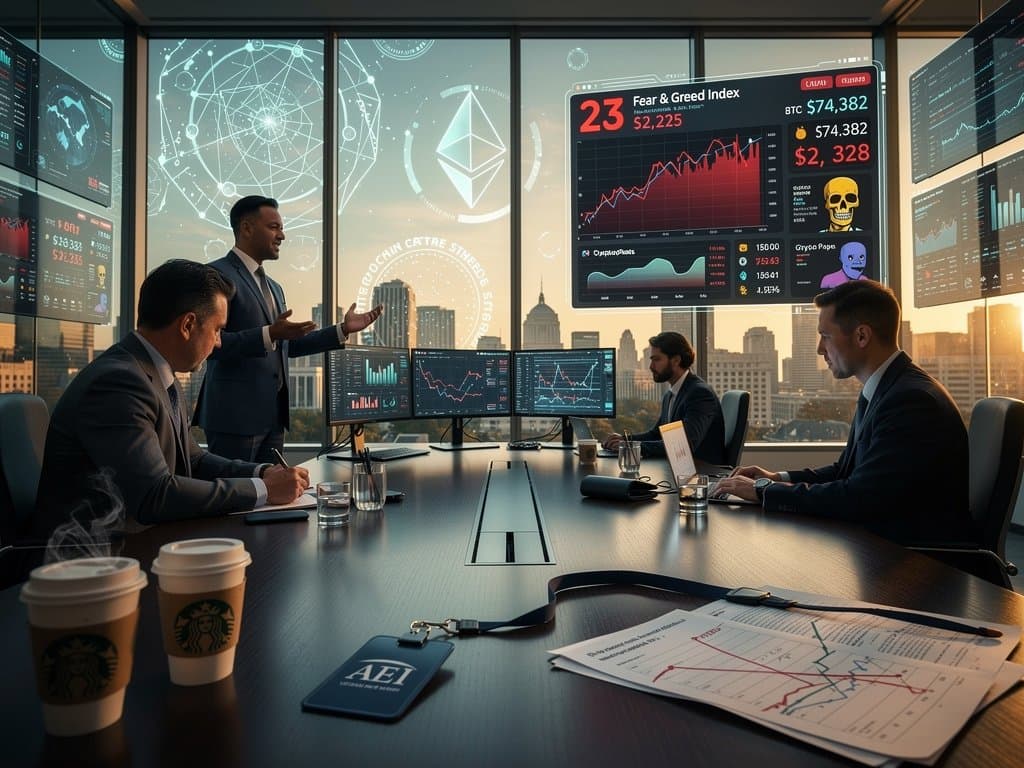 Holographic charts in think tank room show Fear Index 23, BTC $74k, NFT floors amid crypto analysis