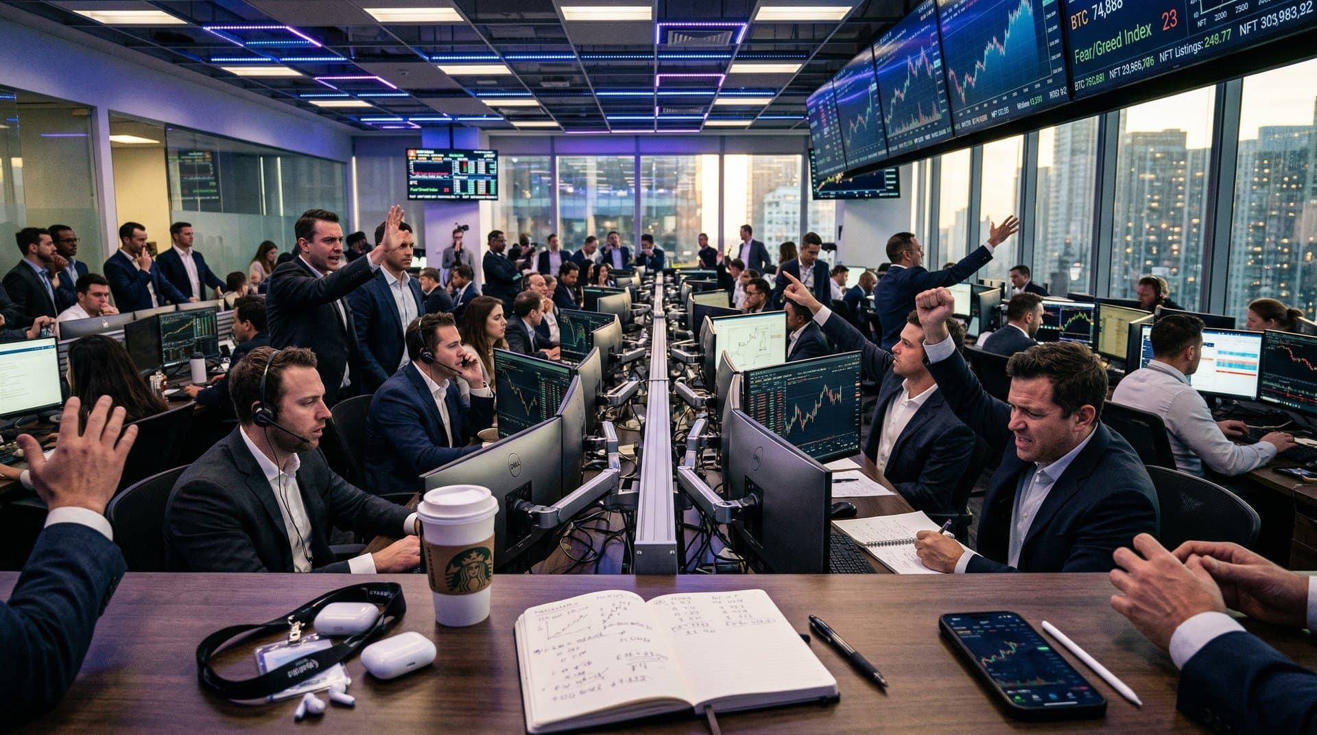 Trading floor screens show BTC $74,888, Fear & Greed 23, Ethereum charts, NFT floor prices, and adoption barriers under modern lights