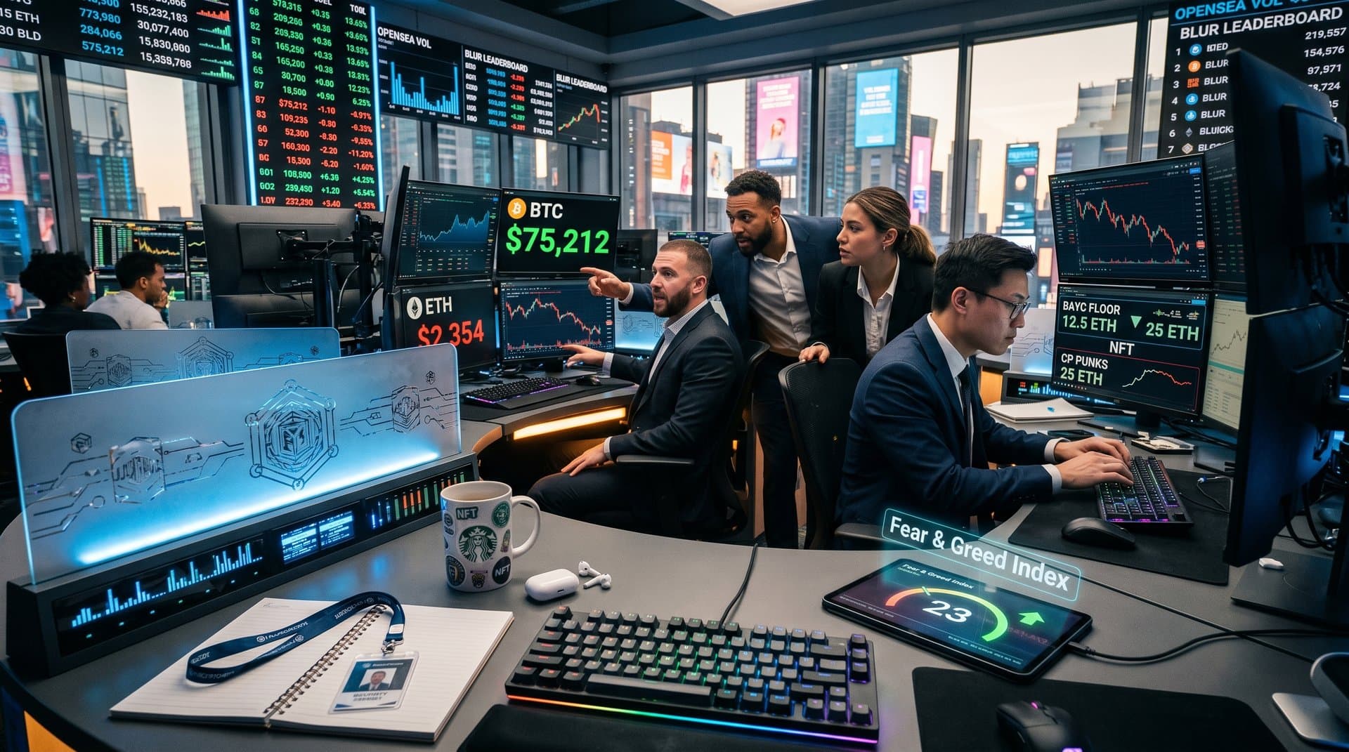 Trading floor analysts viewing crypto ETF charts, Bitcoin at $75K, NFT floors, and market data in modern finance hub