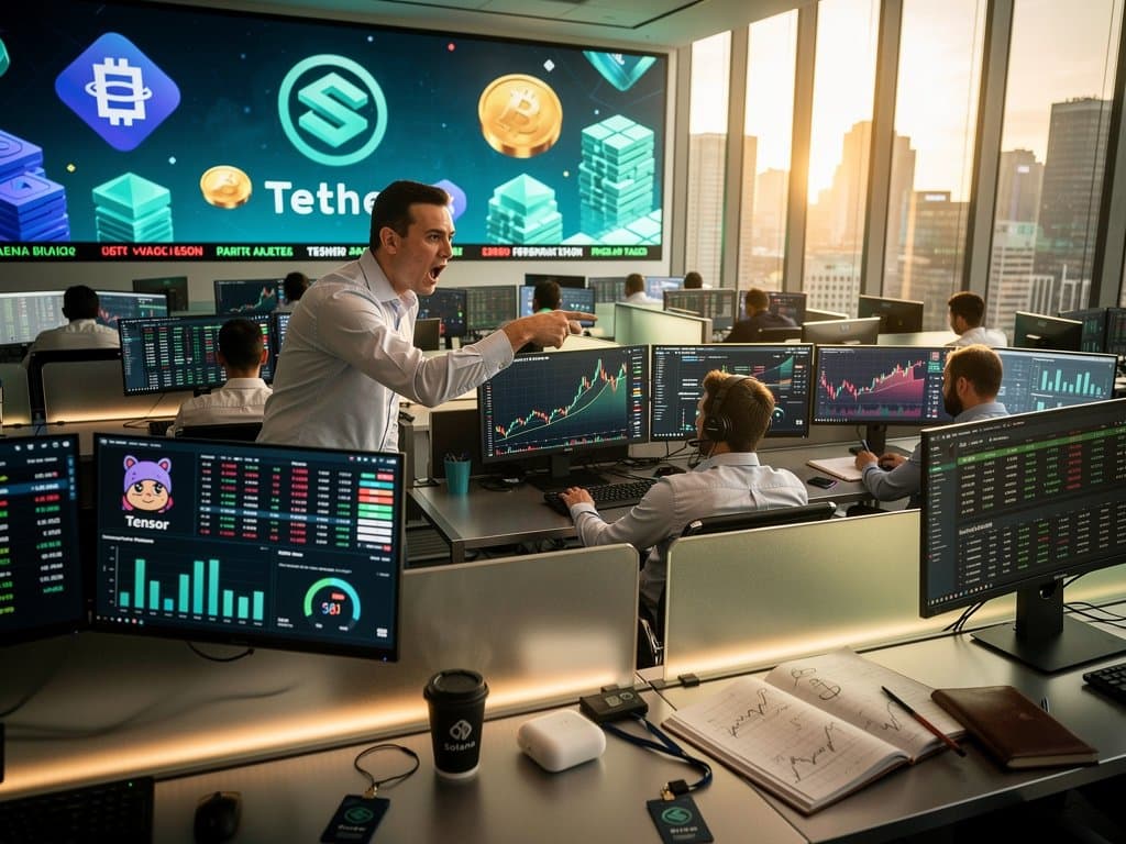 Solana NFT trading dashboard with Drift charts, Tensor volumes, and Tether Drift bailout metrics in modern crypto office