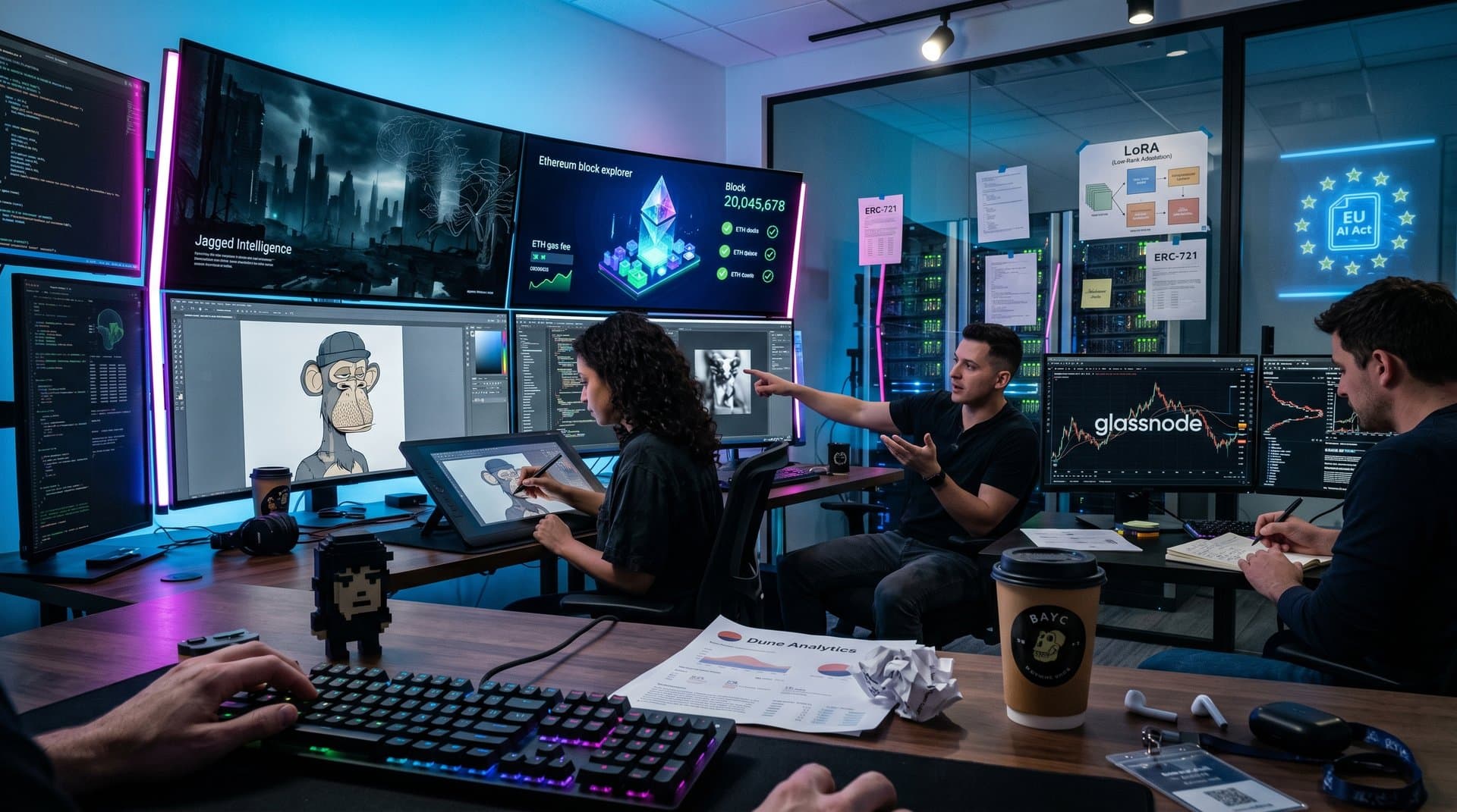 Cyberpunk studio with AI NFT art, blockchain explorers, Fear & Greed at 21, and crypto charts