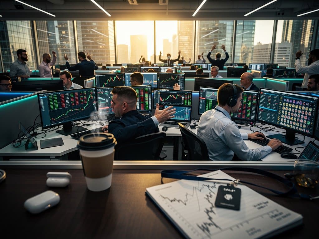 High-tech trading floor displays crypto ETF charts, BTC at $74,747, ETH data, Fear & Greed at 21, and surging NFT volumes on Blur and OpenSea