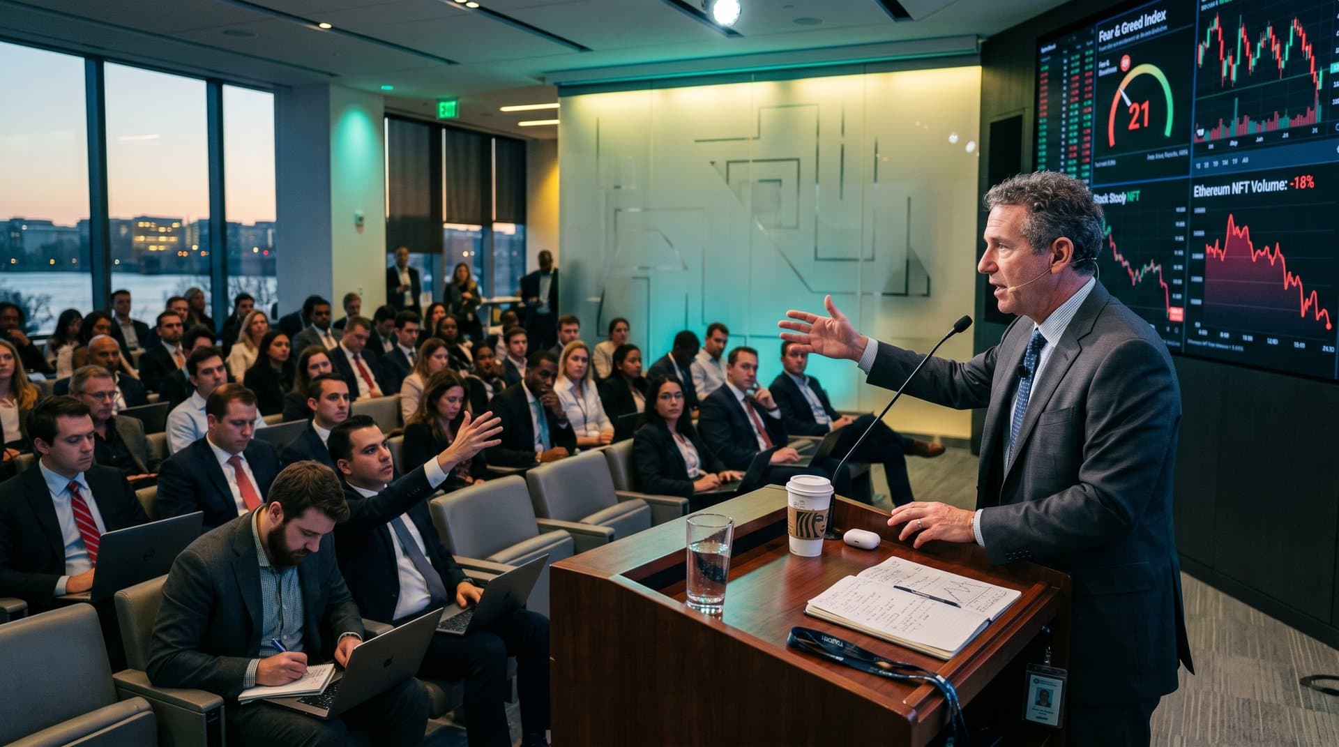 AEI auditorium screen shows BTC charts and Fear Index at 21 during crypto barriers panel with professional audience silhouettes