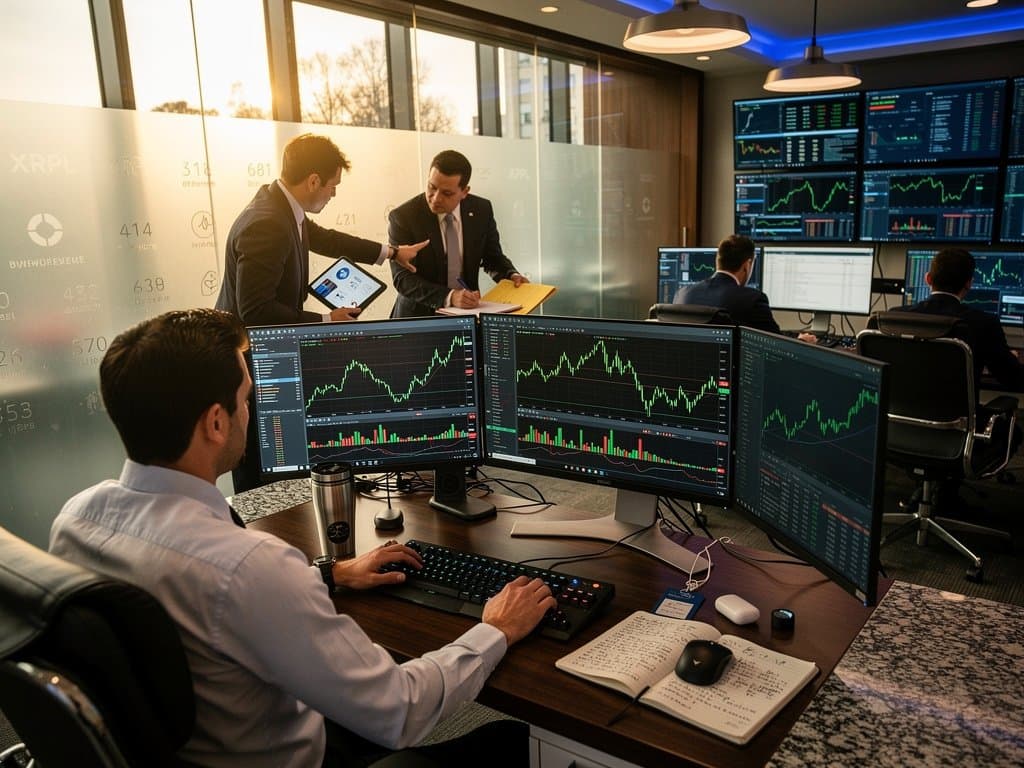 Analysts on modern trading floor study multi-screens with XRPL NFTs and XRP charts amid market discussion