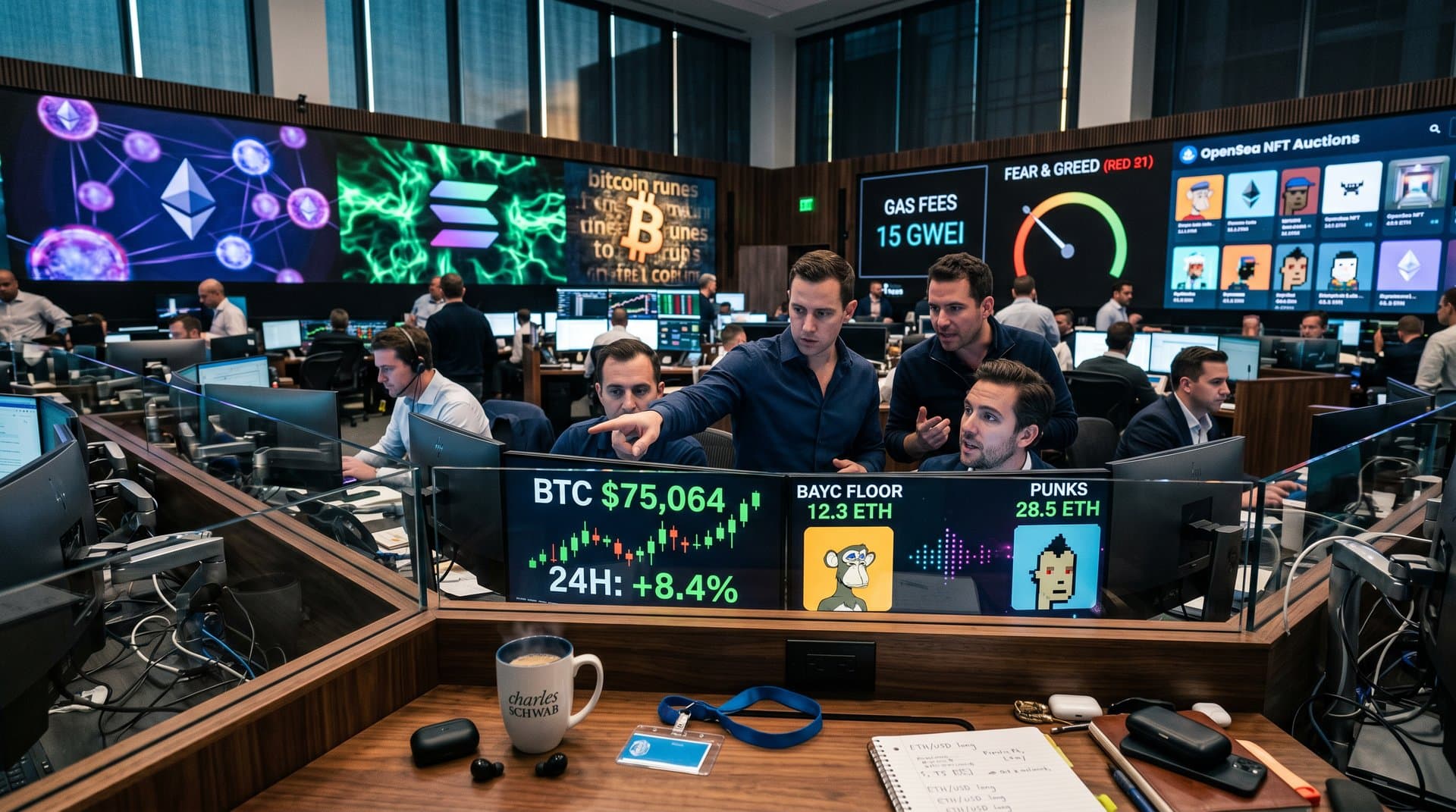 Ethereum blockchain with Schwab spot trading charts and rising BAYC NFT floors