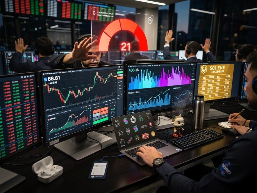 Trading screens show Solana price at $88.81, NFT volumes, DeFi metrics, and Forbes rankings in dynamic crypto market scene
