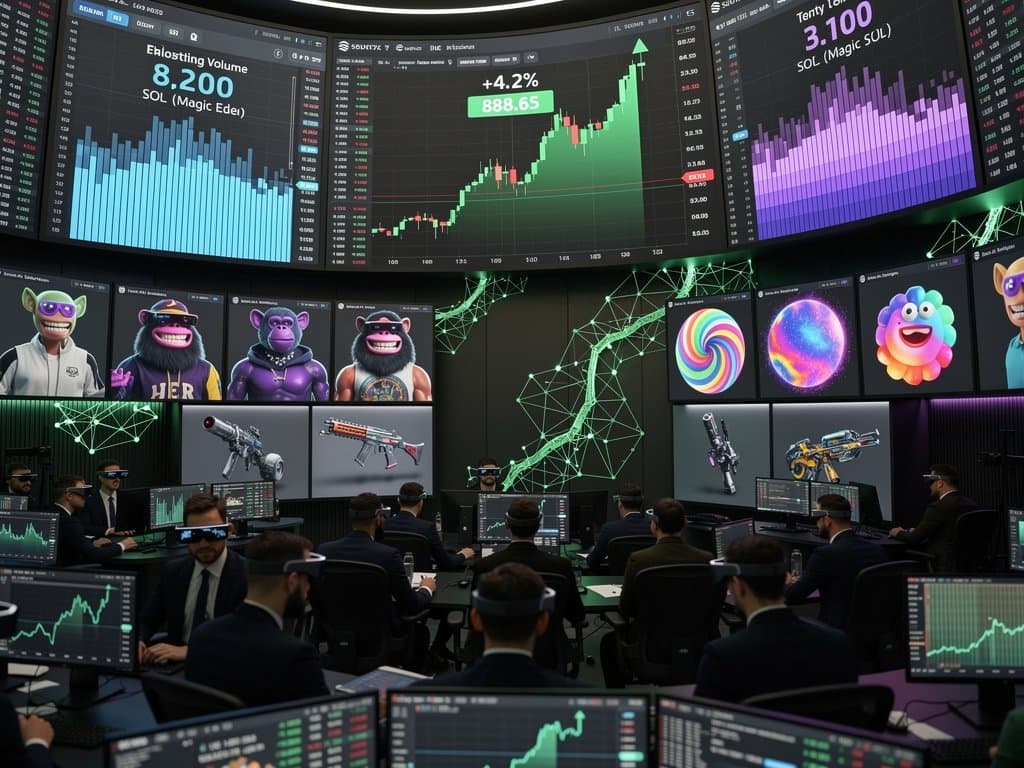 Holographic screens display Solana price at $88.65, NFT volumes on Magic Eden, and Web3 charts in futuristic trading environment