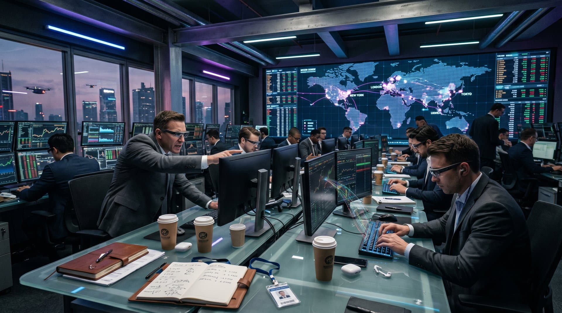 Futuristic trading floor with XRP charts at $1.44, XRPL NFT surges, and Fear & Greed at 21 in cyberpunk financial hub