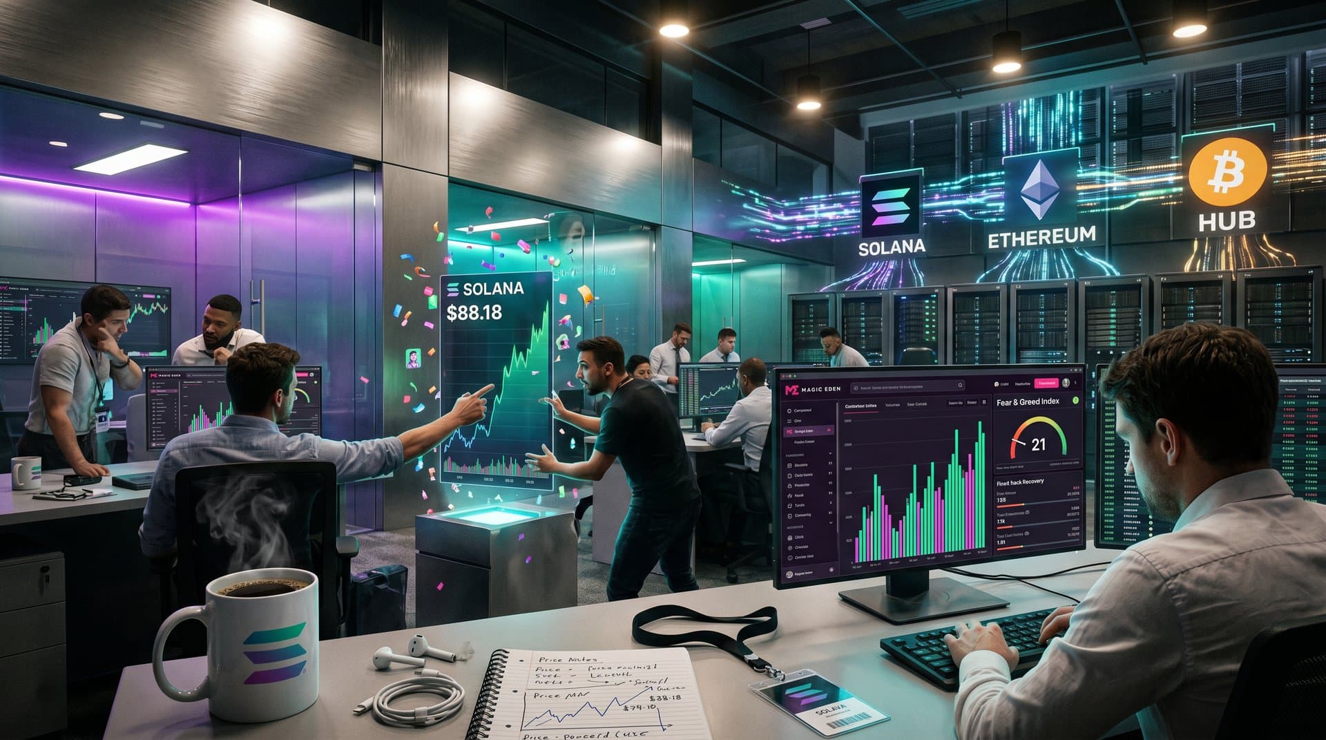 Solana NFT marketplace charts show SOL at $88.18 with rising volumes post-Tether recovery
