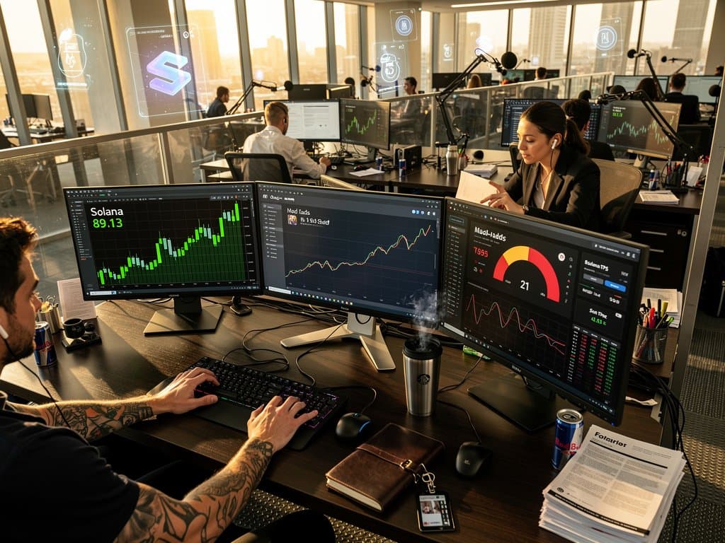 Crypto trading desk screens showing Solana at $89.13, Magic Eden NFTs, and Fear & Greed at 21