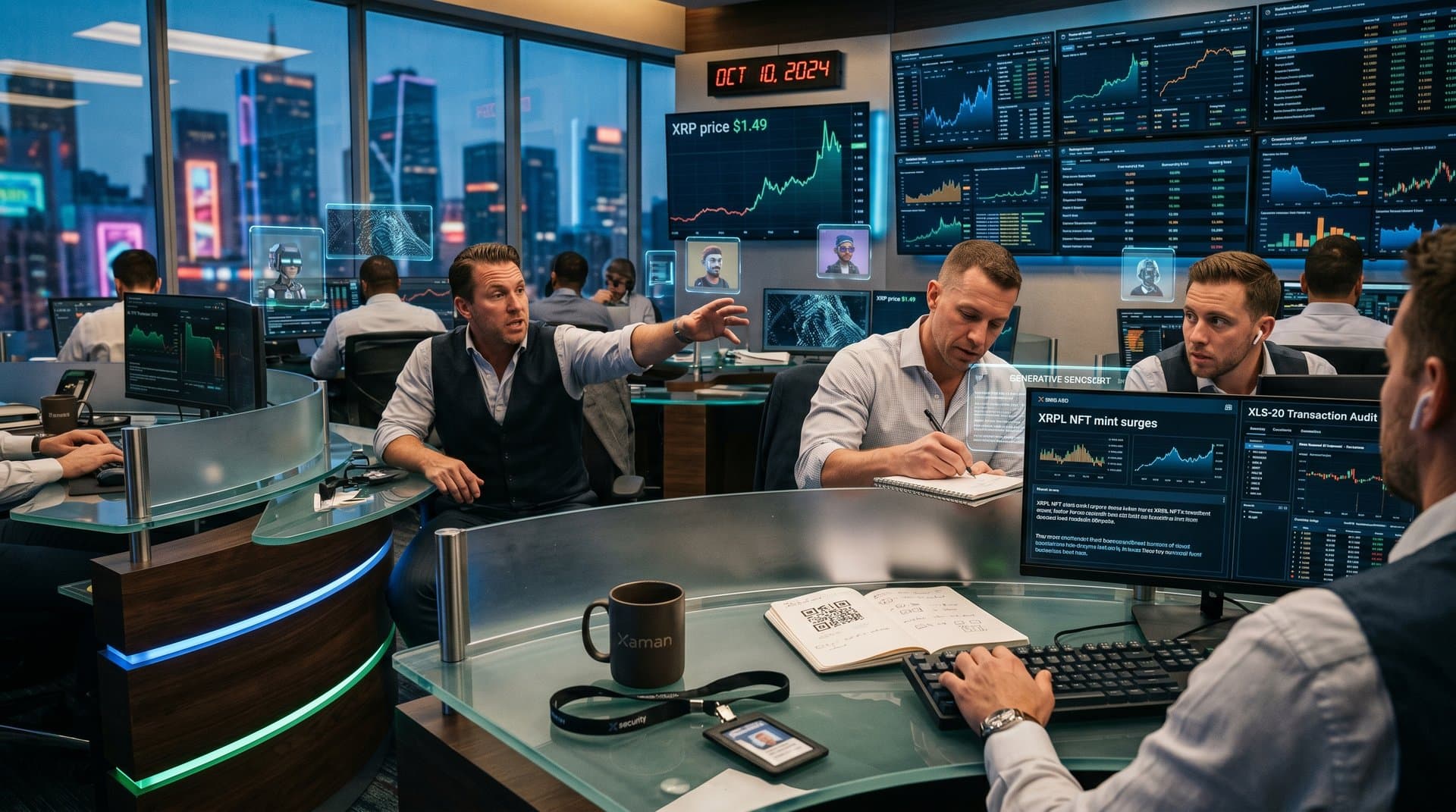 Crypto trading floor team analyzes XRP $1.49 surge, XRPL NFT volumes, and Fear & Greed Index at 21 on multi-screens