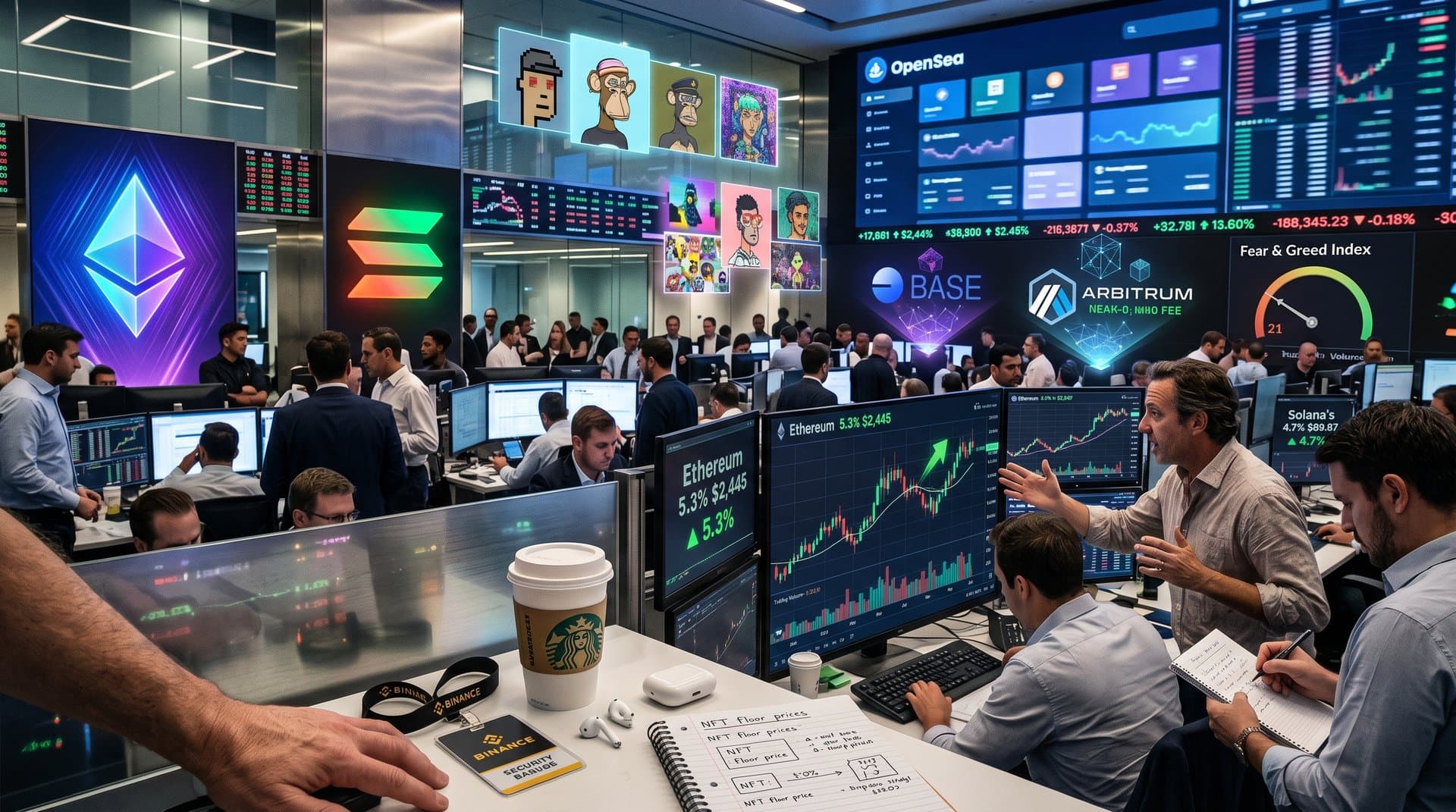 Ethereum and Solana NFT charts rise in digital gallery with marketplace volumes