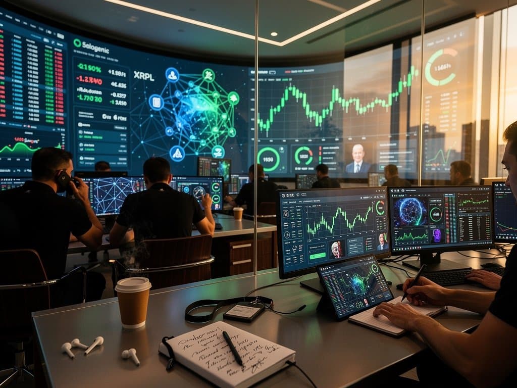 Glowing XRP chart at $1.49 with XRPL NFTs minting in cyberpunk Web3 scene