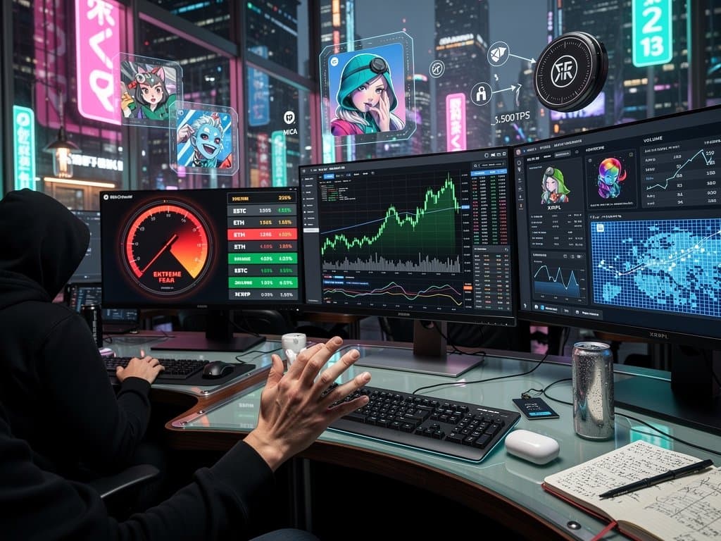 Cyberpunk trading desk with XRP chart at $1.49, Fear & Greed at 21, XRPL NFT volumes, and Web3 holograms in neon-lit high-tech scene