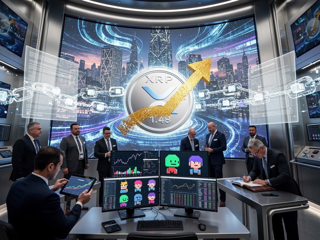 Cyberpunk gallery of XRPL NFTs with $1.48 XRP holographic charts, ETF elements, and liquidity flows in institutional vault