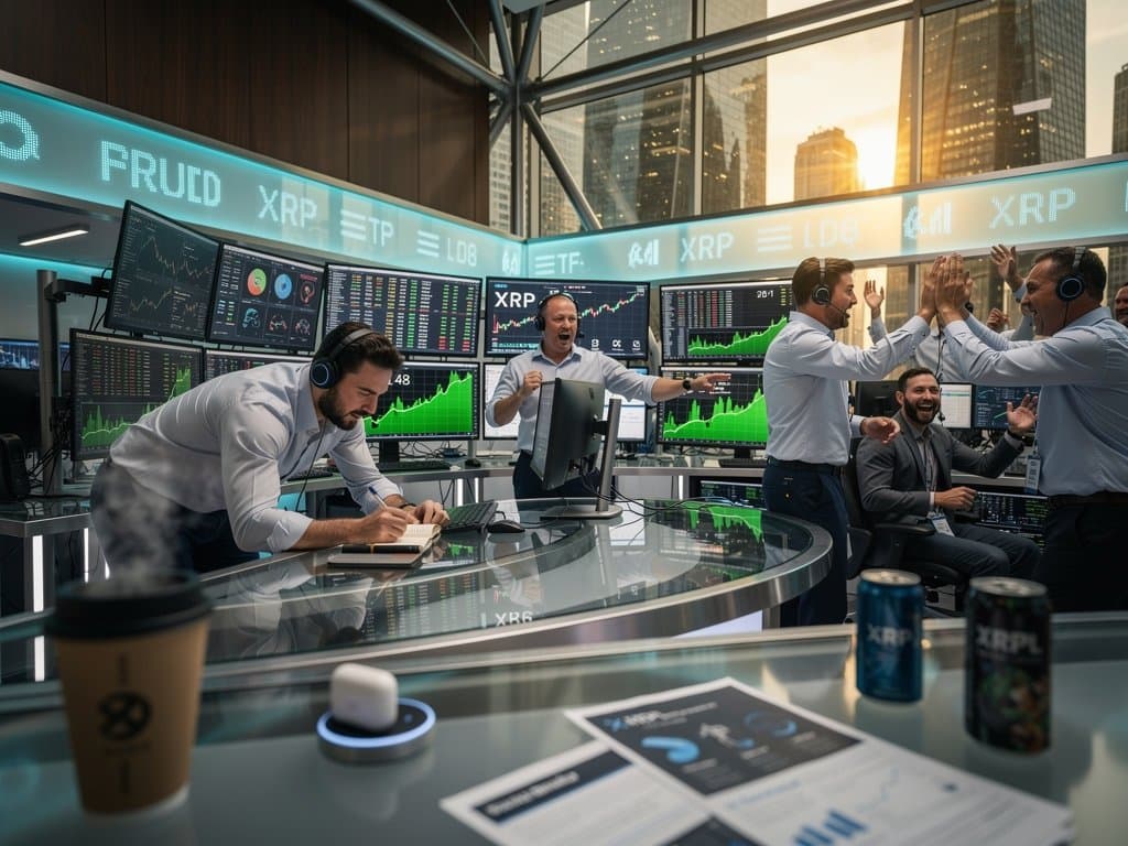 Trading desks with Bloomberg terminals displaying XRPL NFT charts, XRP prices, and ETF data amid city skyline