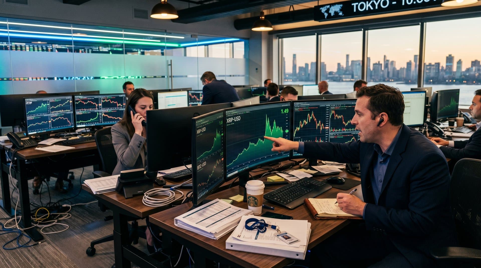 Trading desks with Bloomberg terminals showing XRP price surge to $1.49 amid market data and skyline view