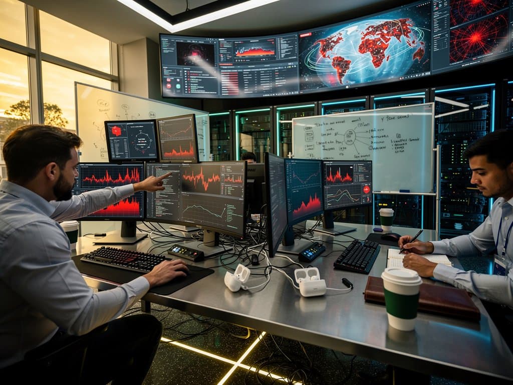 Cybersecurity operations center monitors NFT scam blockchain threats on multi-screen setups amid glowing servers and city skyline