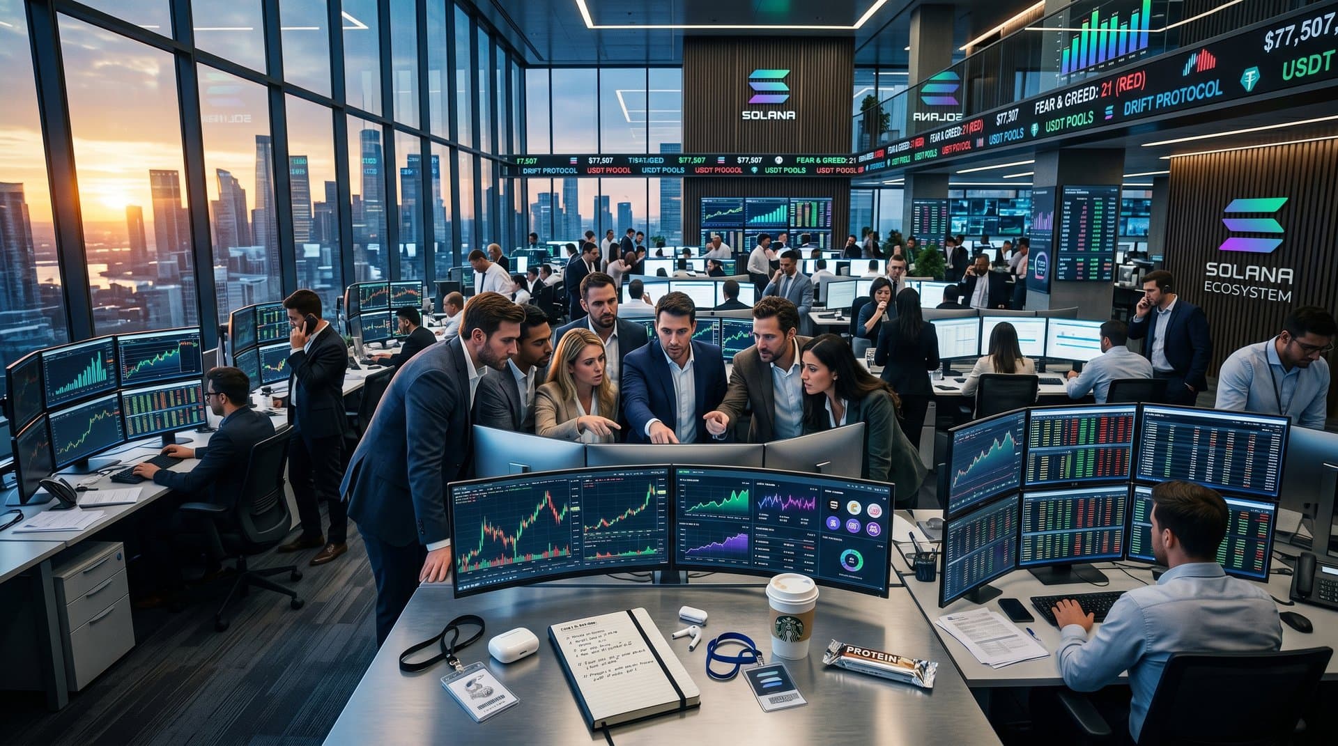 Trading floor monitors display Solana perps charts, Tether USDT liquidity injection into Drift, NFT floor prices from Magic Eden and Blur amid recovery analysis