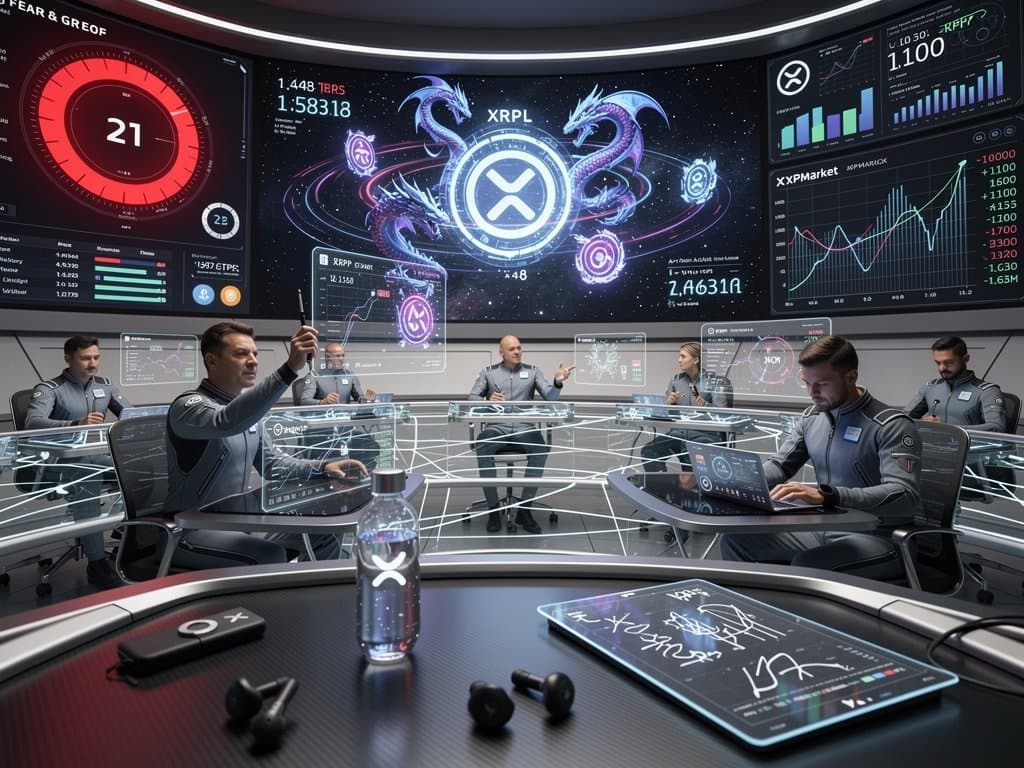 Glowing XRPL NFTs and XRP price hologram in futuristic Web3 gallery with AI art and volume charts