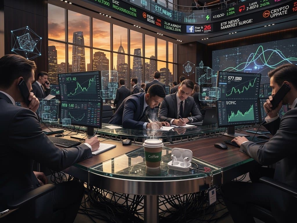 Multi-screen trading desks display XRP price surge at $1.48 with city skyline view