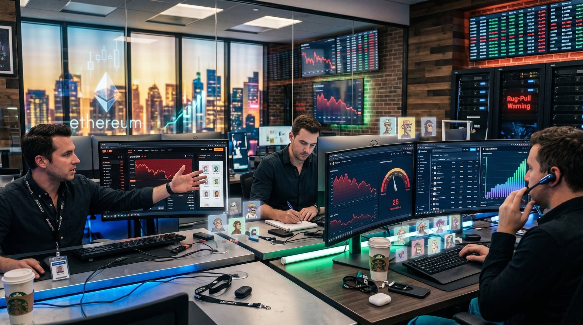 NFT trading desk displaying CryptoPunks charts, Fear & Greed at 26, OpenSea volumes in blue neon-lit high-tech room
