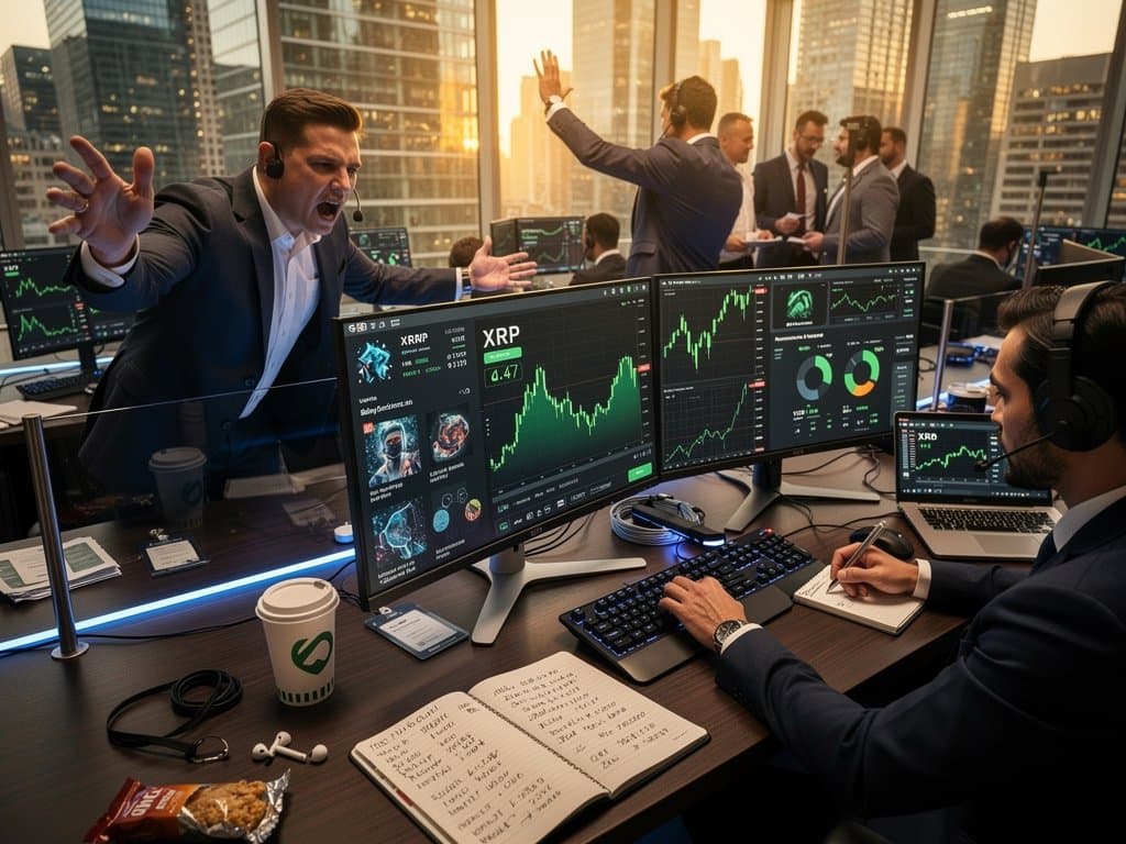 Traders monitor XRP price charts and XRPL NFT volumes on high-tech trading floor with city skyline view