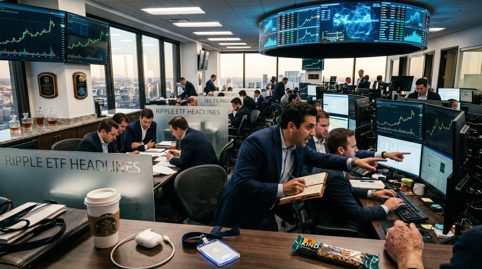 Sleek trading floor monitors show XRP at $1.47 charts amid rising green candlesticks and Ripple ETF headlines