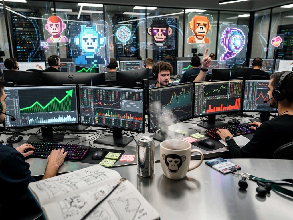 Cyberpunk trading desk displaying BTC $77K, ETH charts, S&P futures, and NFT floors in neon Web3 exchange