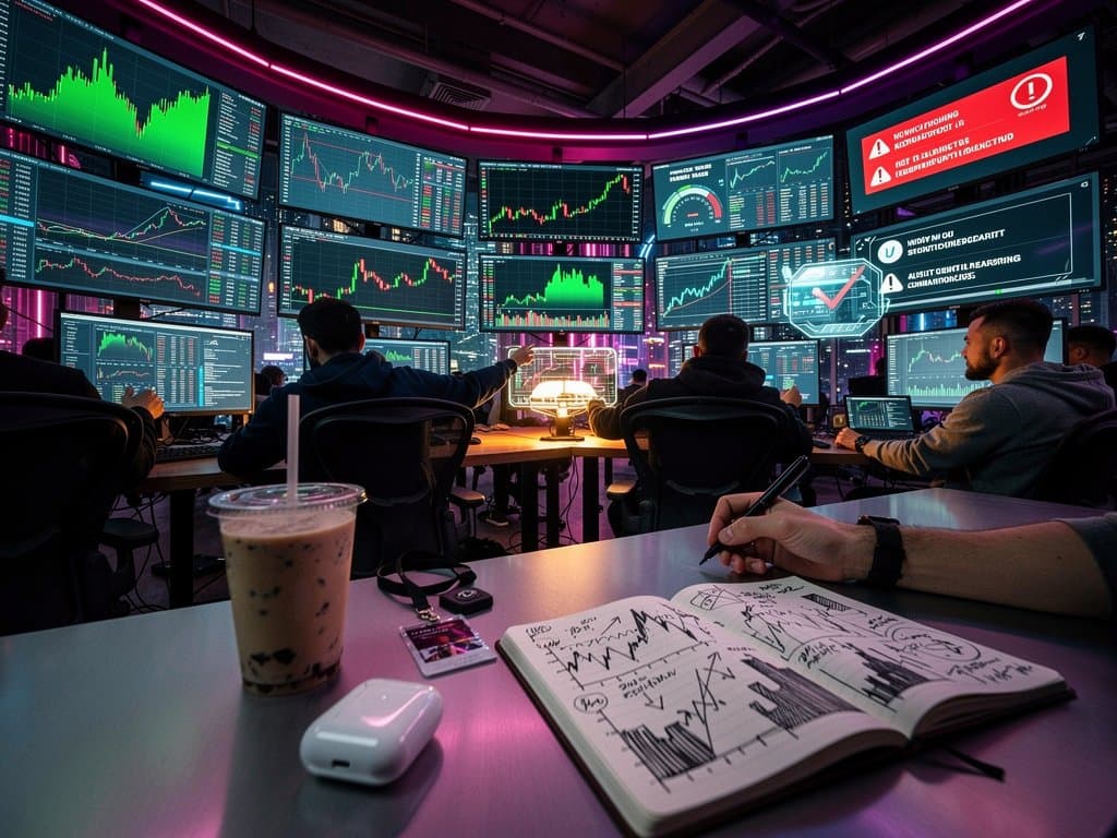 Crypto traders monitor BTC at $77K, ETH charts, NFT floors, and Fear & Greed at 26 on advanced screens in a bustling trading room