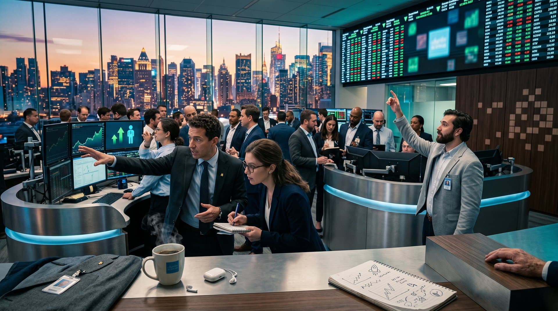 Charles Schwab trading floor with BTC at $77K, ETH charts, NFT volumes on Blur/OpenSea, Web3 dashboards