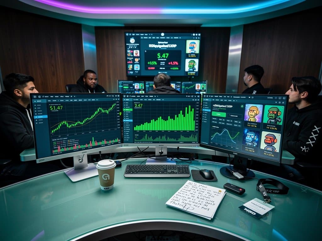 Monitors display XRP price charts at $1.47 and XRPL NFT floors in neon-lit Web3 trading desk with holographic blockchain elements