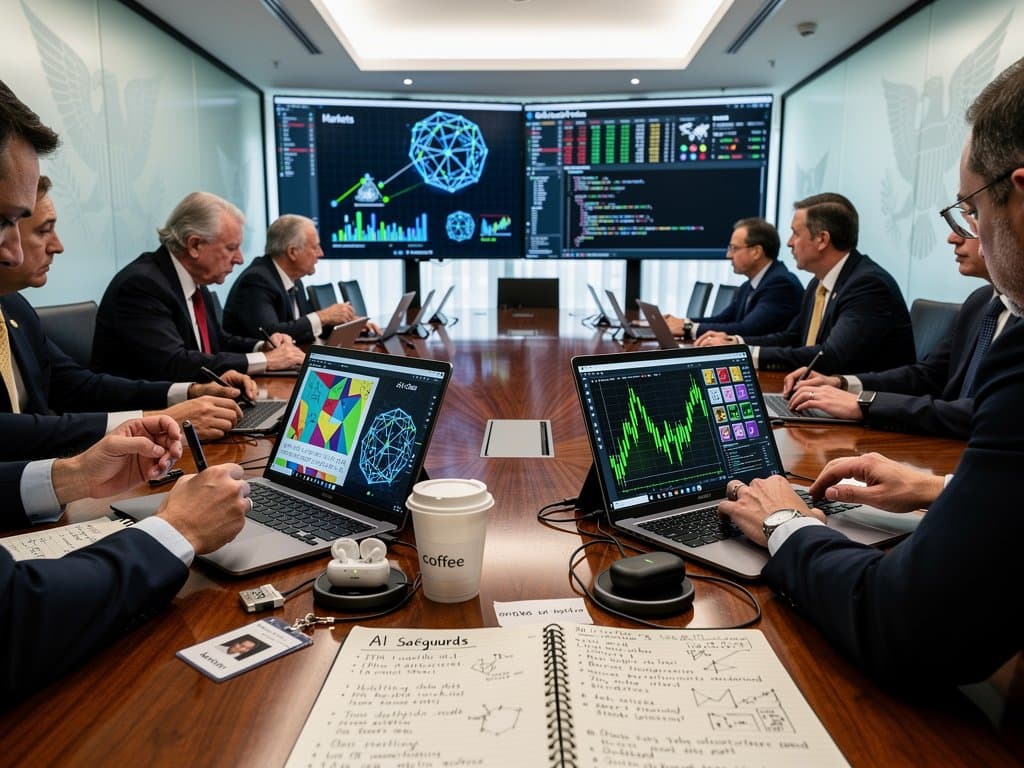 Modern conference room with AI charts on screens, blockchain visuals, tech gadgets, and policy documents evoking White House-Anthropic talks on Web3 NFTs