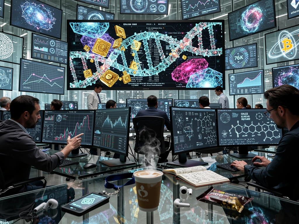 Abstract fusion of DNA helix, blockchain nodes, and NFT tokens representing DeSci biotech AI innovation