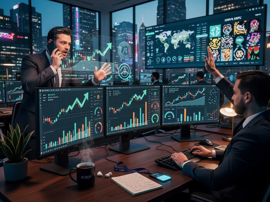 Institutional traders monitor XRP at $1.44, ETF data, and XRPL NFT charts on advanced terminals amid collaborative floor discussions