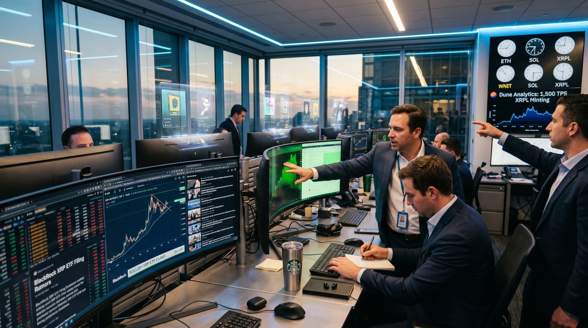 Trading desk monitors XRP charts, XRPL NFT volumes, and ETF metrics in high-tech finance hub with skyline view