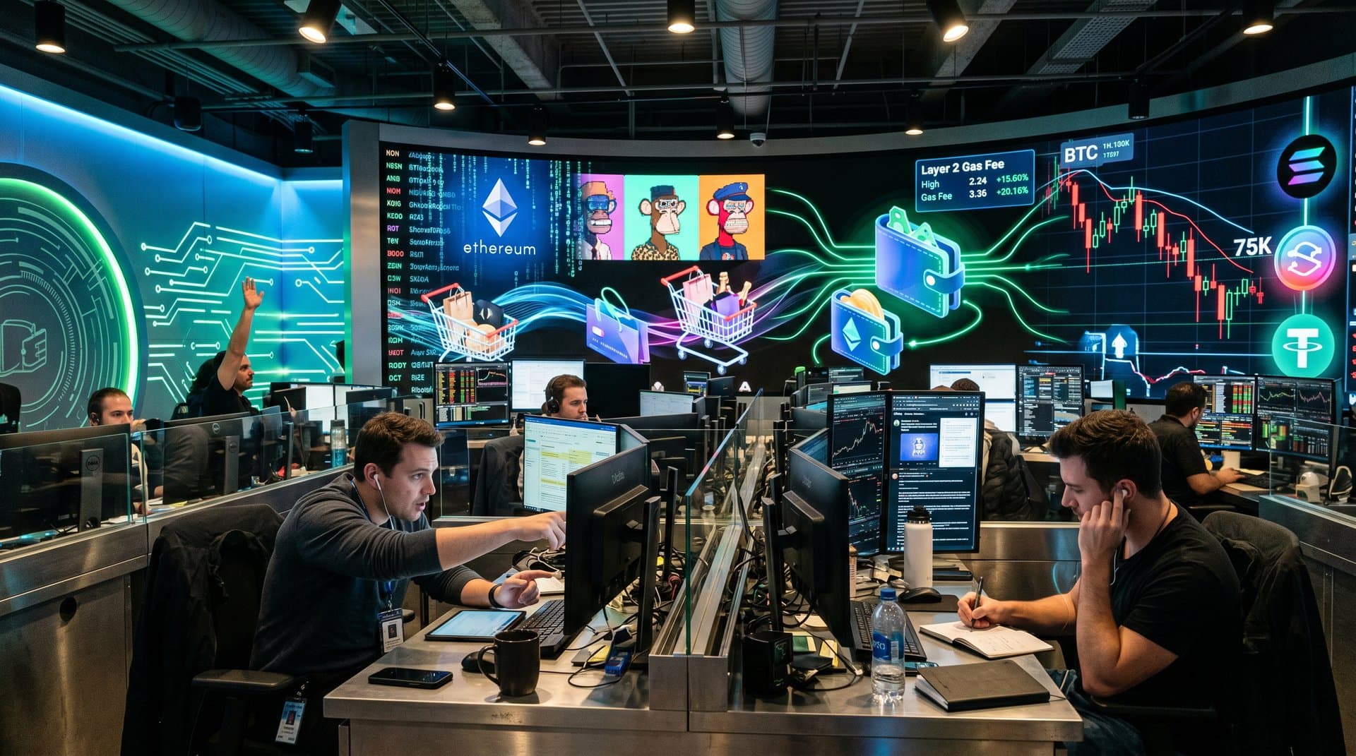 Digital screen displaying UBestmall 2026 platform NFT redemptions and crypto shopping charts on Ethereum