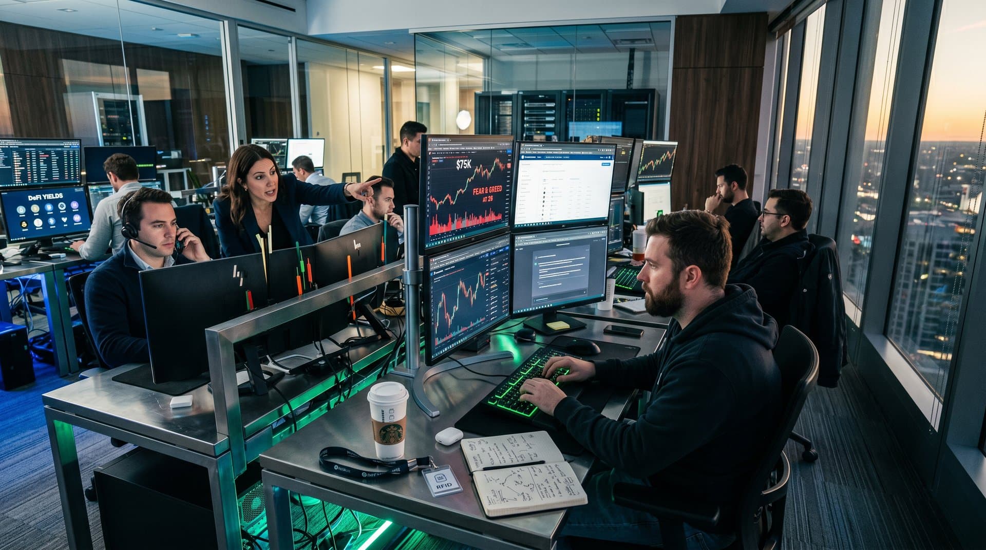 Traders input AI prompts amid NFT charts, crypto prices, and Fear & Greed indicators on multi-monitor trading desks