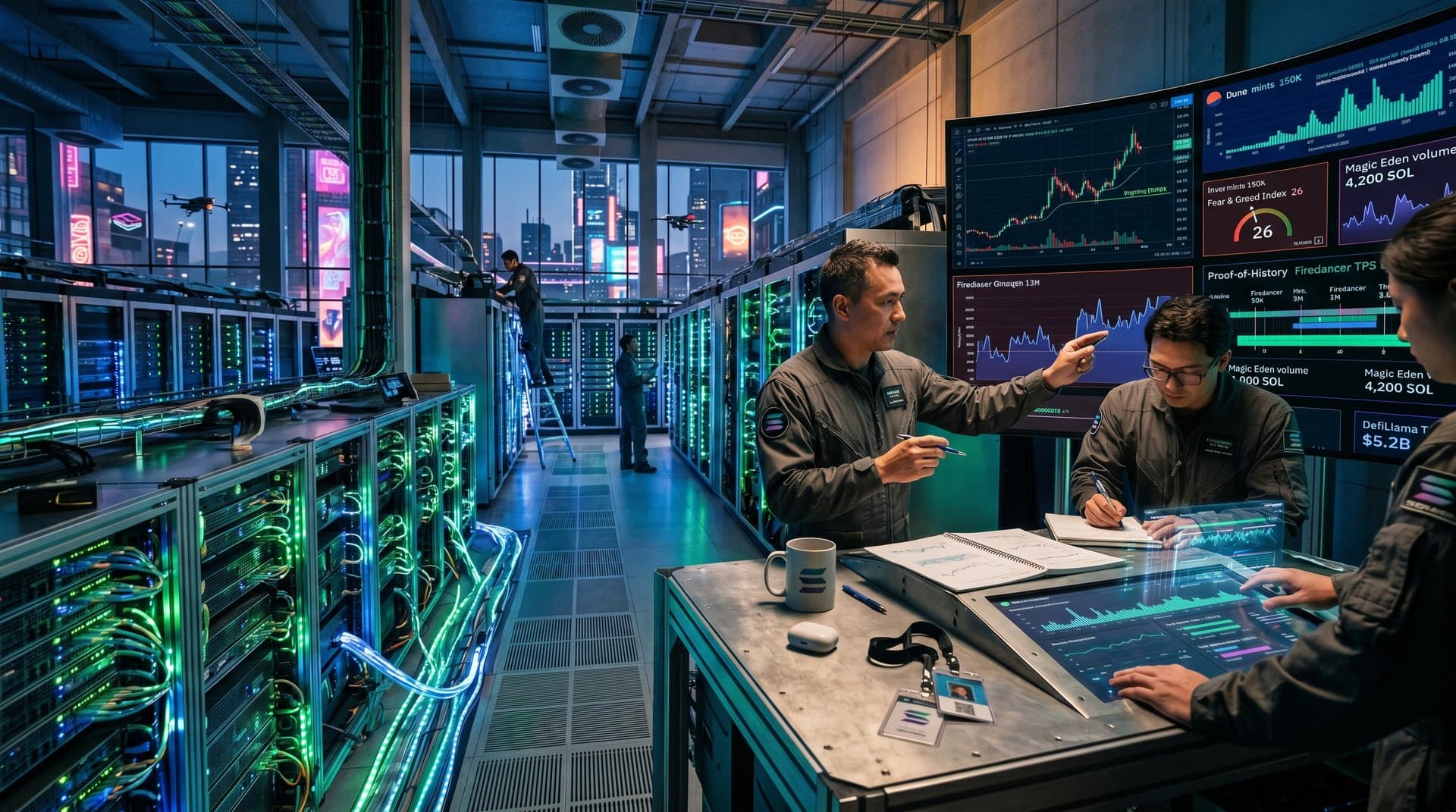 Engineer calibrates Solana validators in secure data center with glowing servers, NFT metrics on screens, fiber cables, and cyberpunk skyline