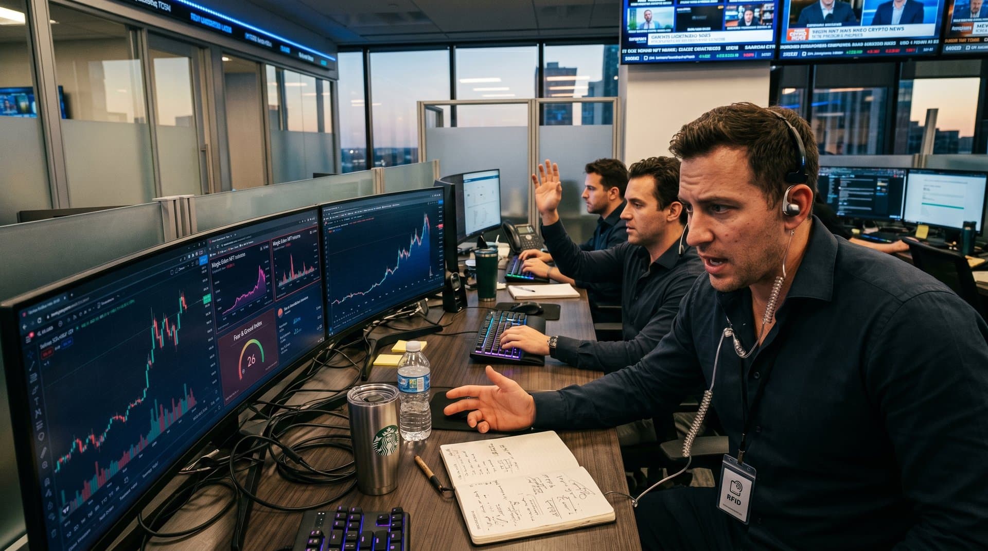 Trading screens showing Solana price charts, Magic Eden NFT volume, and on-chain metrics in high-tech finance setting