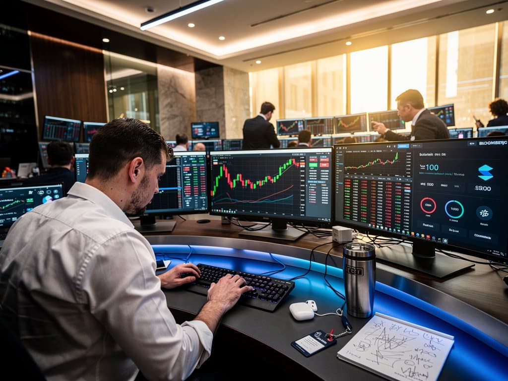 Traders monitor Solana NFT charts on multi-screen Bloomberg terminals at a modern hedge fund trading floor with city views