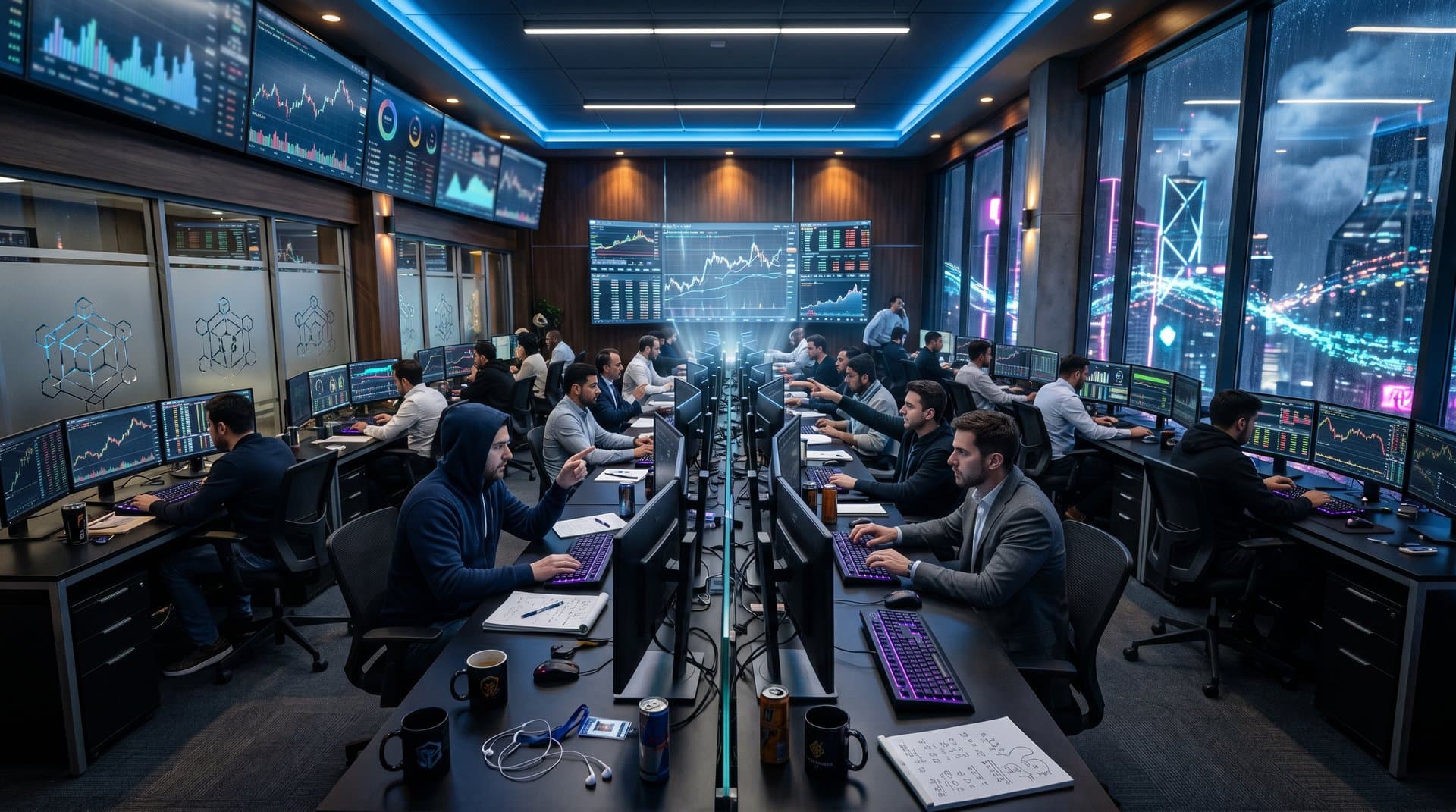 Trading desks with monitors showing Solana NFT charts, XRP prices, Fear & Greed Index, and on-chain metrics in modern Web3 finance environment
