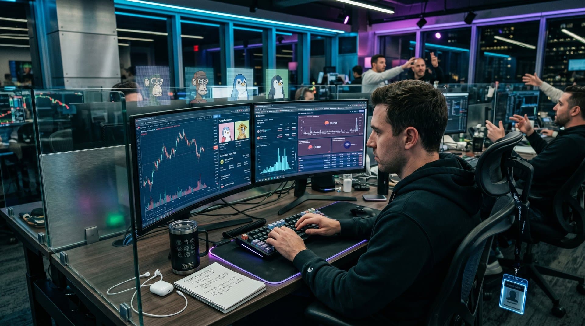 Trader desk with AI prompts on NFT charts, BTC dip graphs, holographic apes, and Web3 mug in neon light