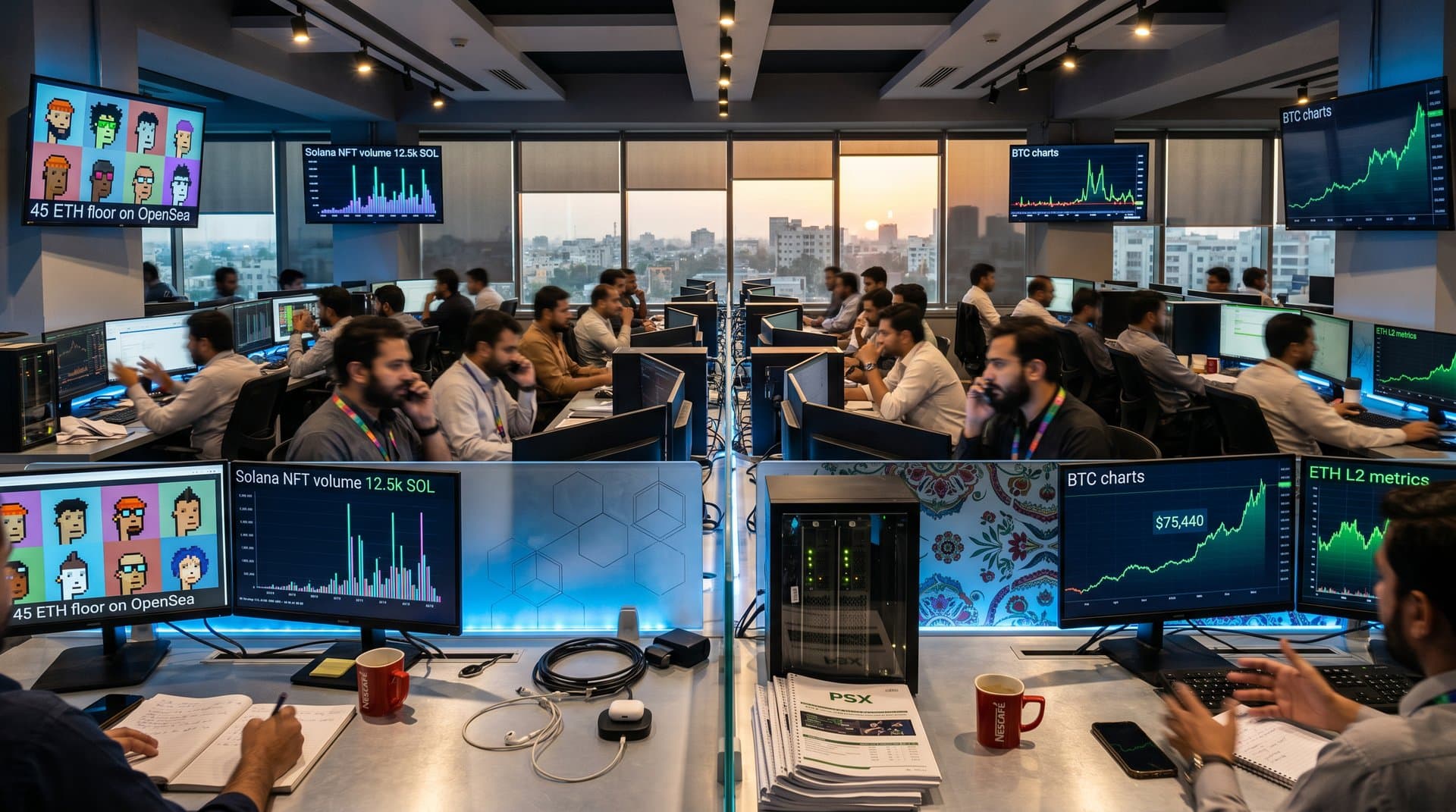 Traders at Pakistan Stock Exchange monitoring crypto charts, NFT floor prices, and blockchain data with skyline view