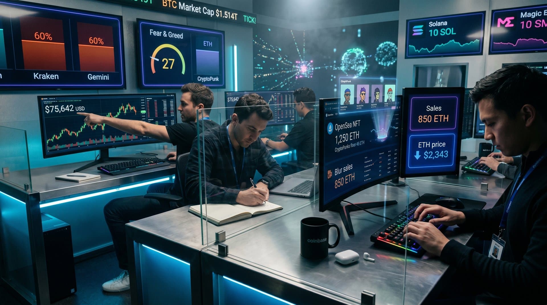 Crypto trading screens show BTC at $75,642, broker surges, NFT volumes on OpenSea/Blur, Fear & Greed 27 amid ETH dip